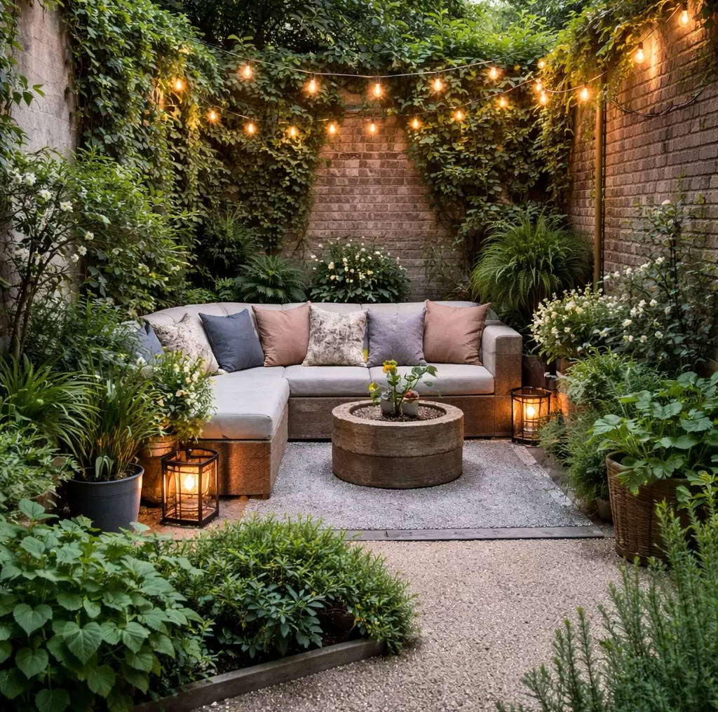 Gezellige kleine tuin met veel groen en een knusse zithoek.