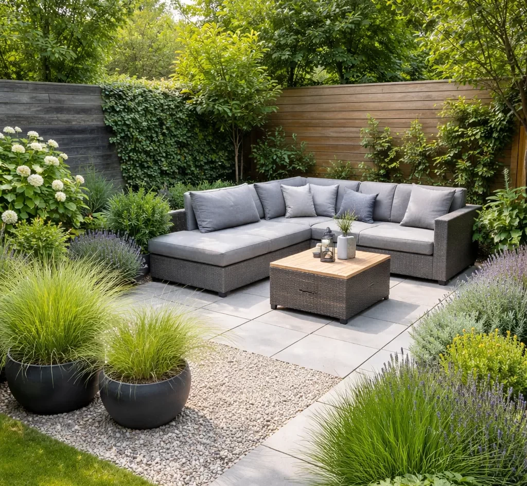 Strakke kleine tuin met veel groen en weinig onderhoud.