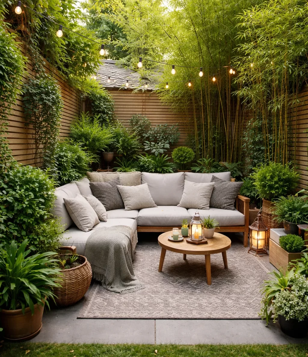 Compacte groene tuin met houten schutting, bamboe en een gezellige loungehoek.