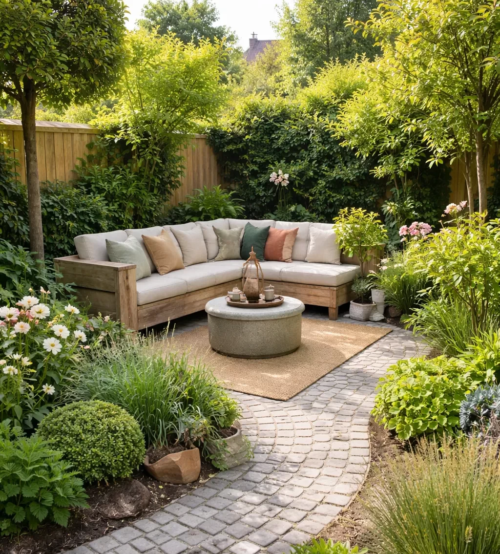 Compacte, sfeervolle tuin met bestrating en veel groen.