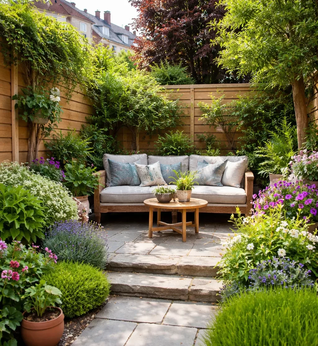 Slim ingericht met veel groen en een rustig zitplekje.