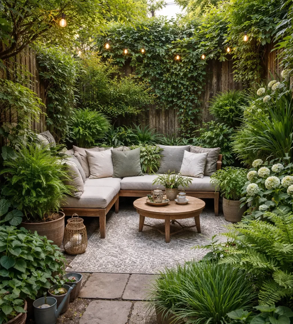 Compacte tuin met veel groen en een gezellige zithoek.