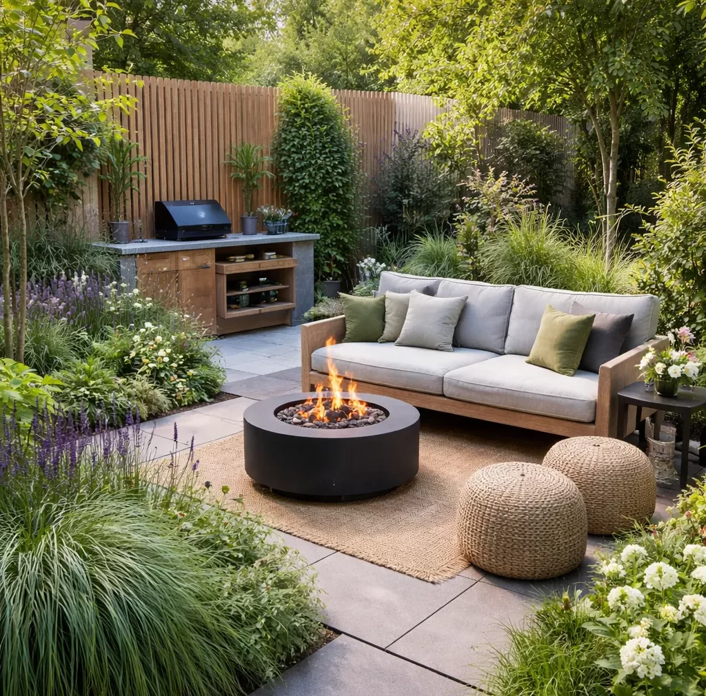 Strakke, gezellige stadstuin met groen en een rustige loungehoek.