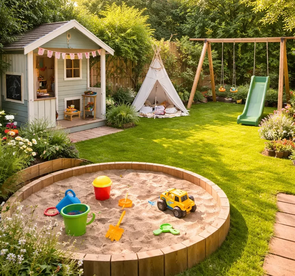 Kleine tuin met zandbak en speelplek.