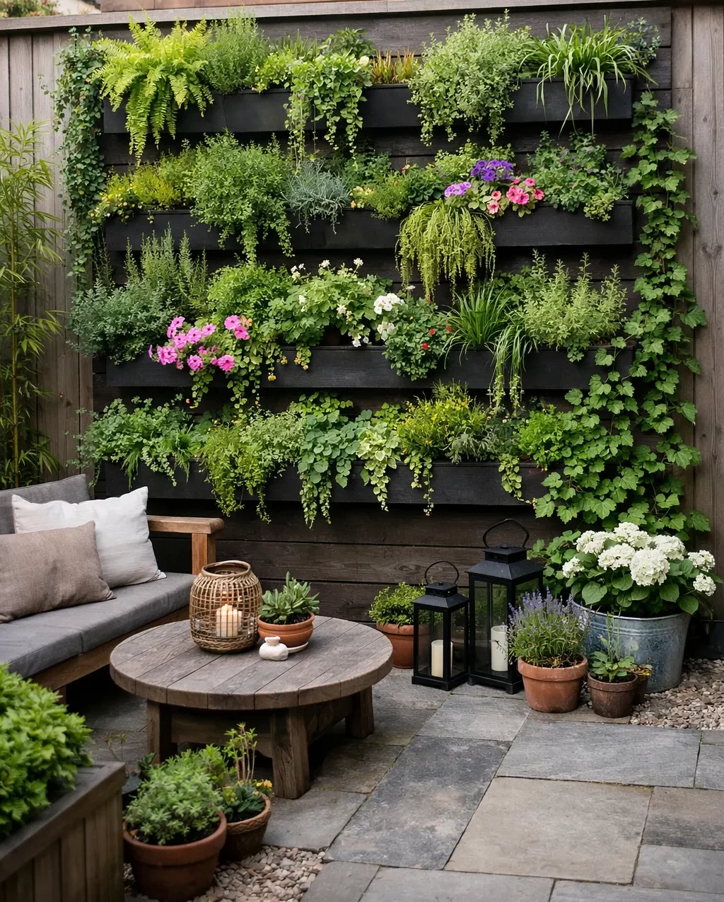 Een realistische kleine stadstuin met een groene verticale plantenwand en een gezellige zithoek.