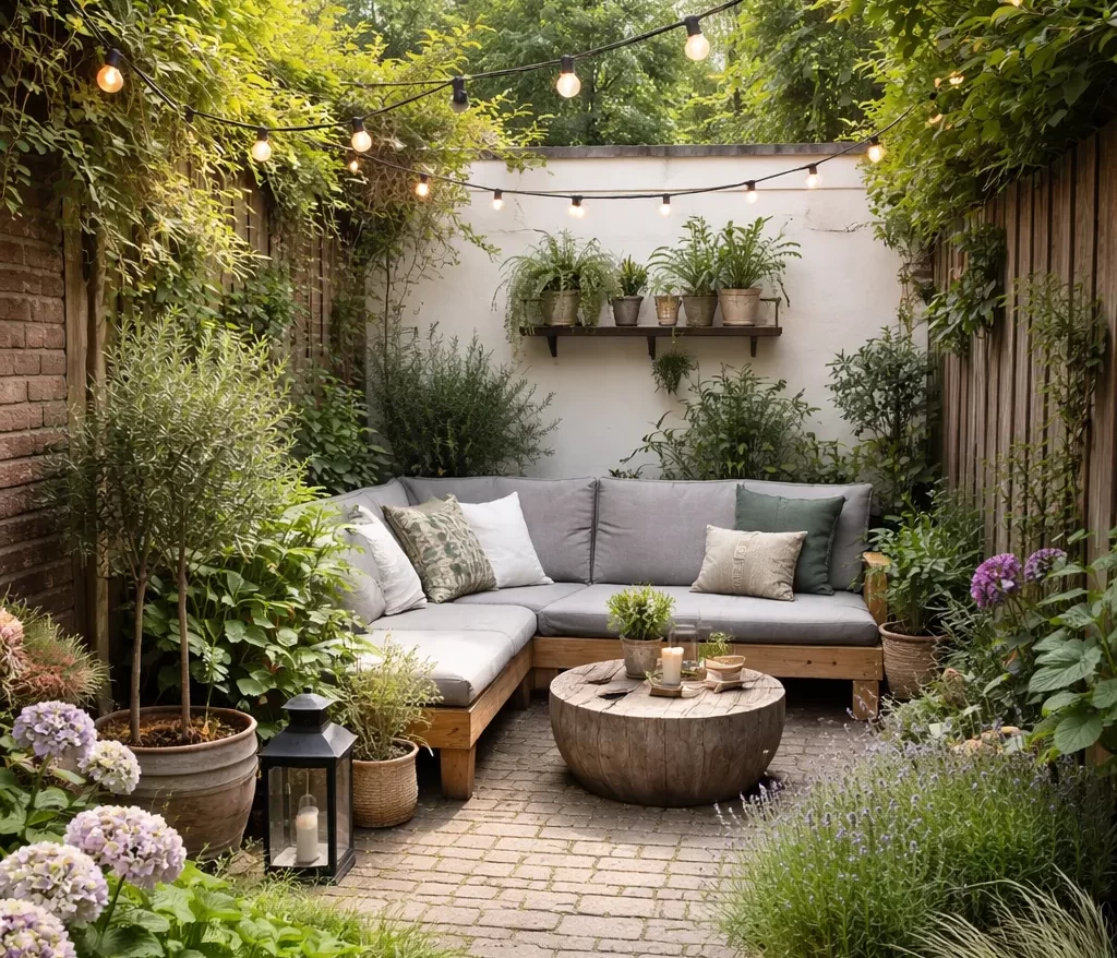 Knusse stadstuin met veel groen, zachte verlichting en een comfortabele zithoek.