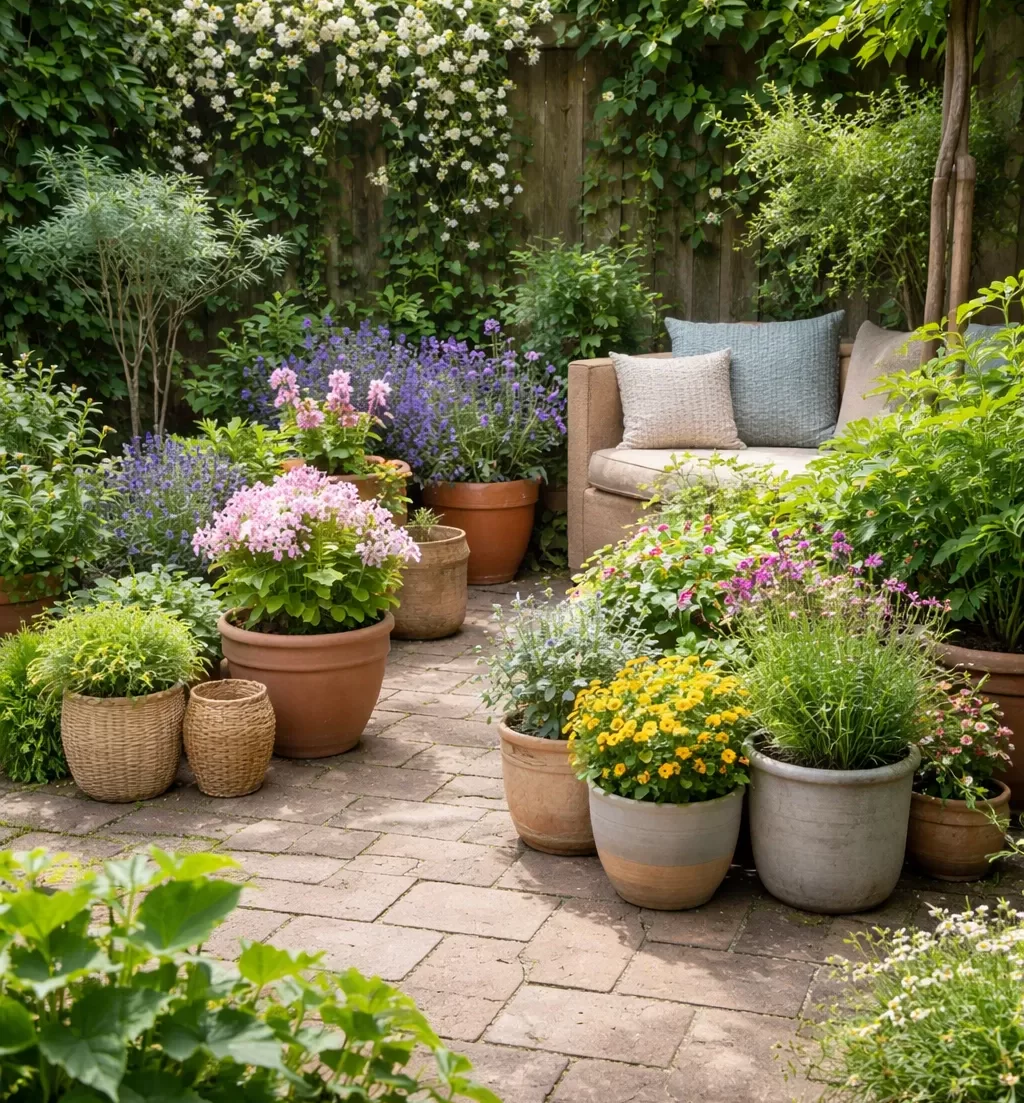 Sfeervolle kleine tuin met groene potten