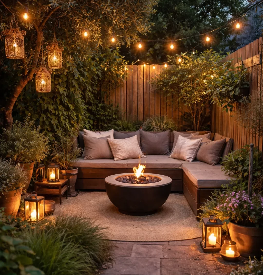 Warme tuinverlichting maakt een kleine tuin gezellig, rustig en uitnodigend in de avond.