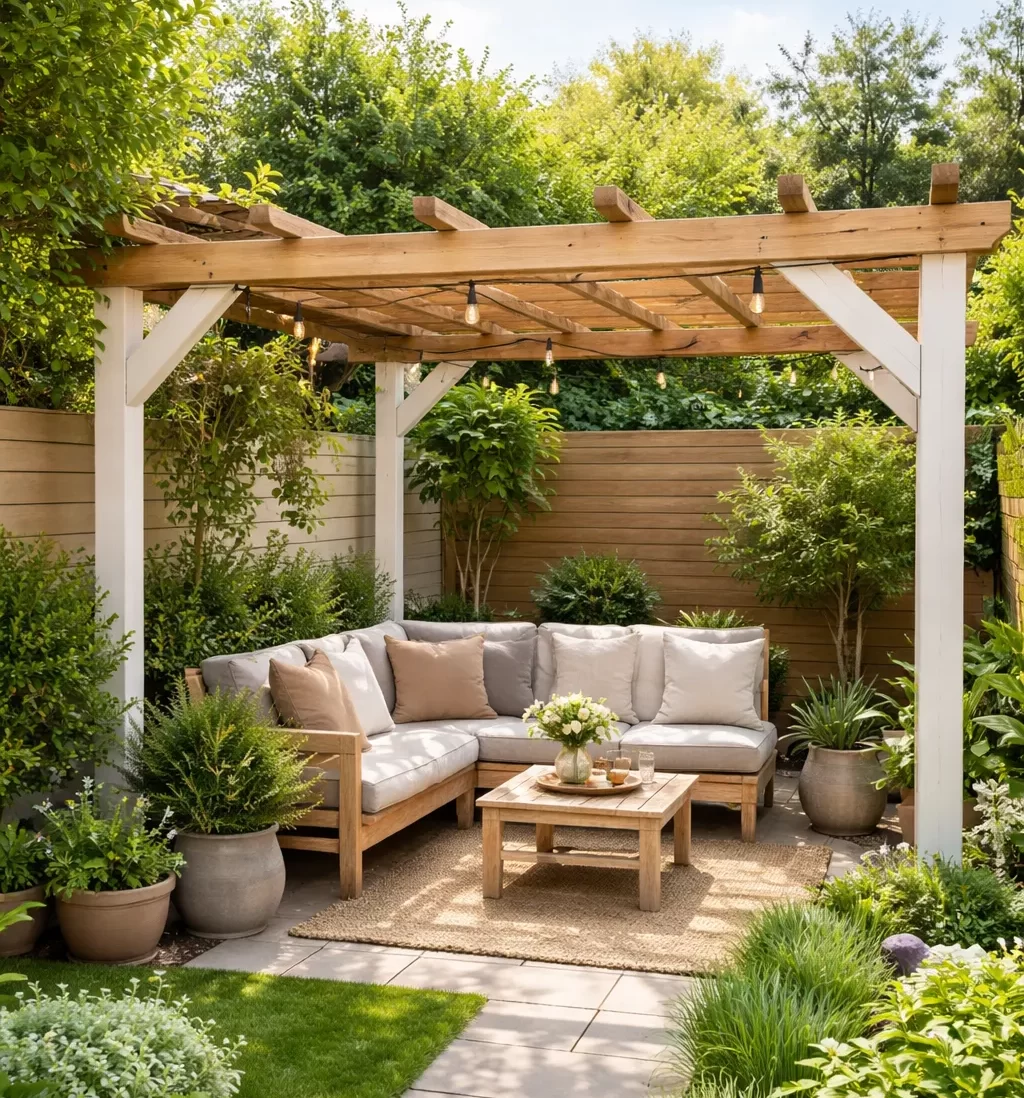 Gezellige kleine tuin met houten pergola, comfortabele zithoek en veel groen.