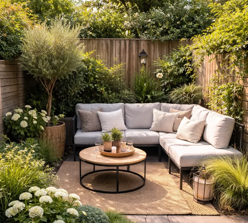 Gezellige, compacte tuin met een moderne loungehoek.