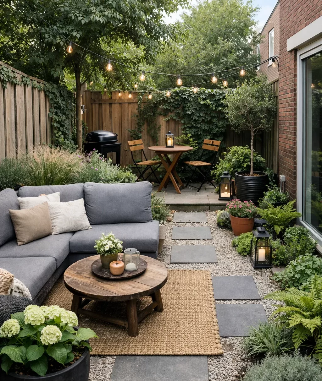 Een sfeervolle kleine tuin op het noorden met veel groen, een knus zitgedeelte en een rustige, natuurlijke uitstraling.