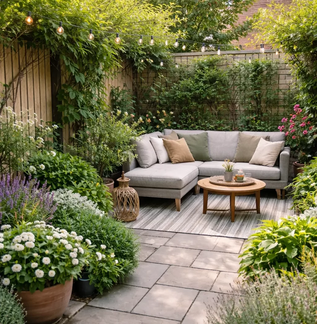 Sfeervolle kleine tuin met gezellig terras, veel groen en een comfortabele zithoek.