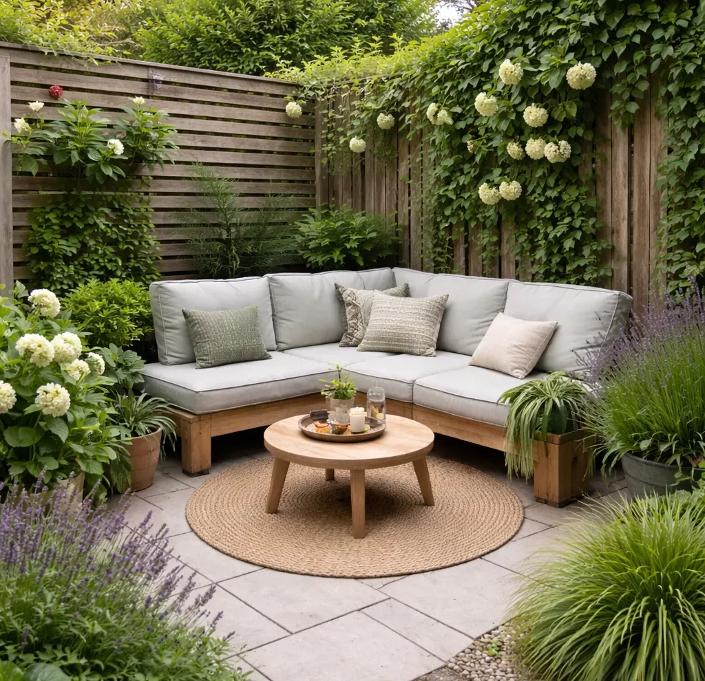 Compacte, groene tuin met een gezellige loungehoek.