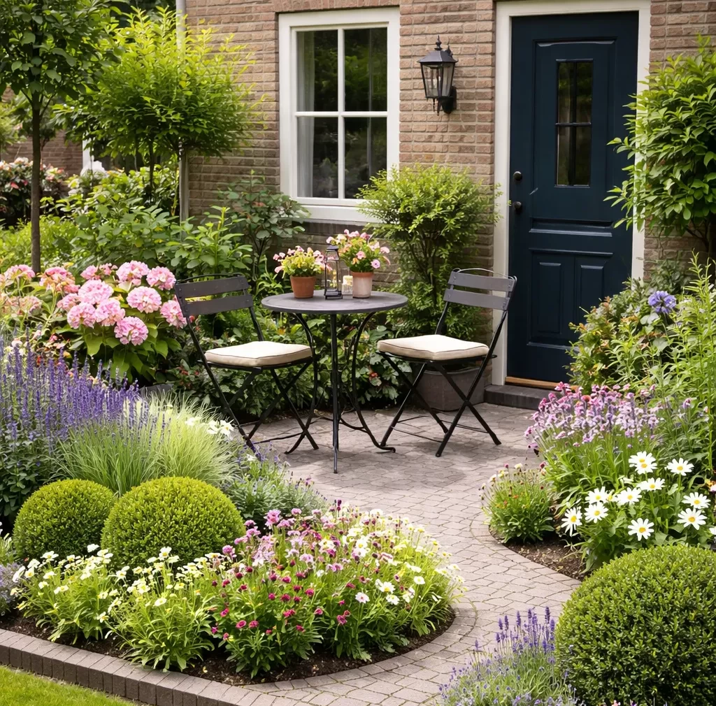 Gezellige kleine voortuin met groen, bloemen en een knus zitje.