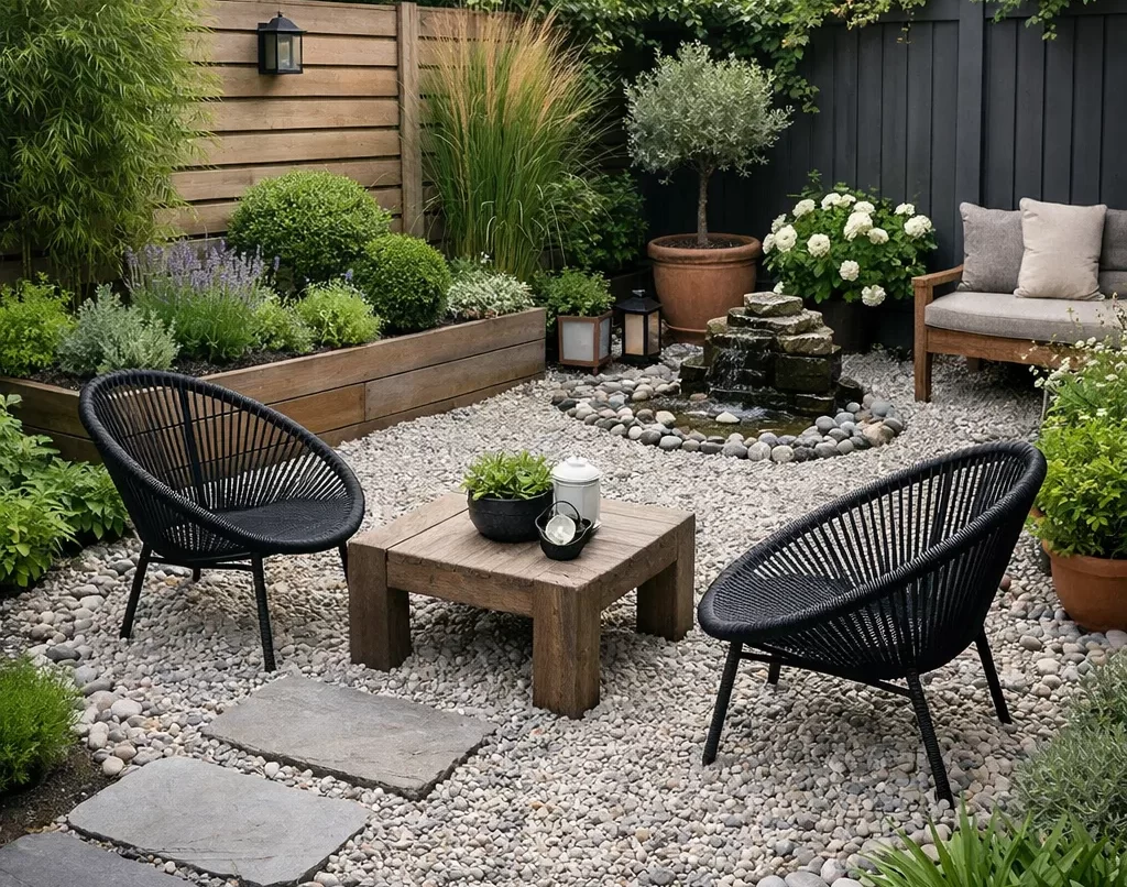 Een sfeervolle kleine tuin met grind, groene planten en een rustige zithoek.