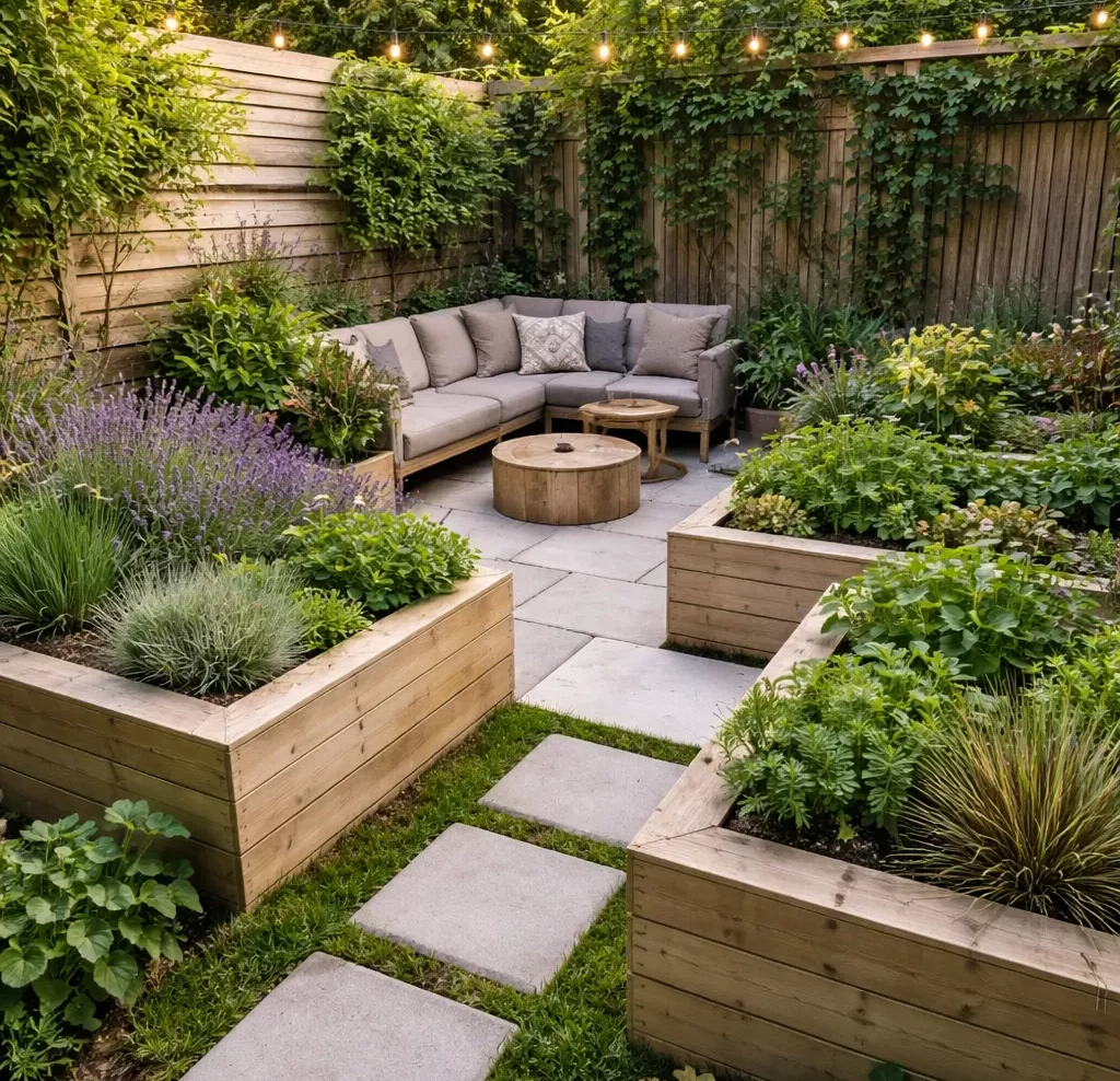 Compacte tuin met houten verhoogde plantenbakken, groene beplanting en een gezellige zithoek.