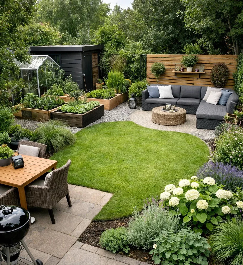 Compacte tuin met duidelijke zones voor terras, groen en ontspanning.