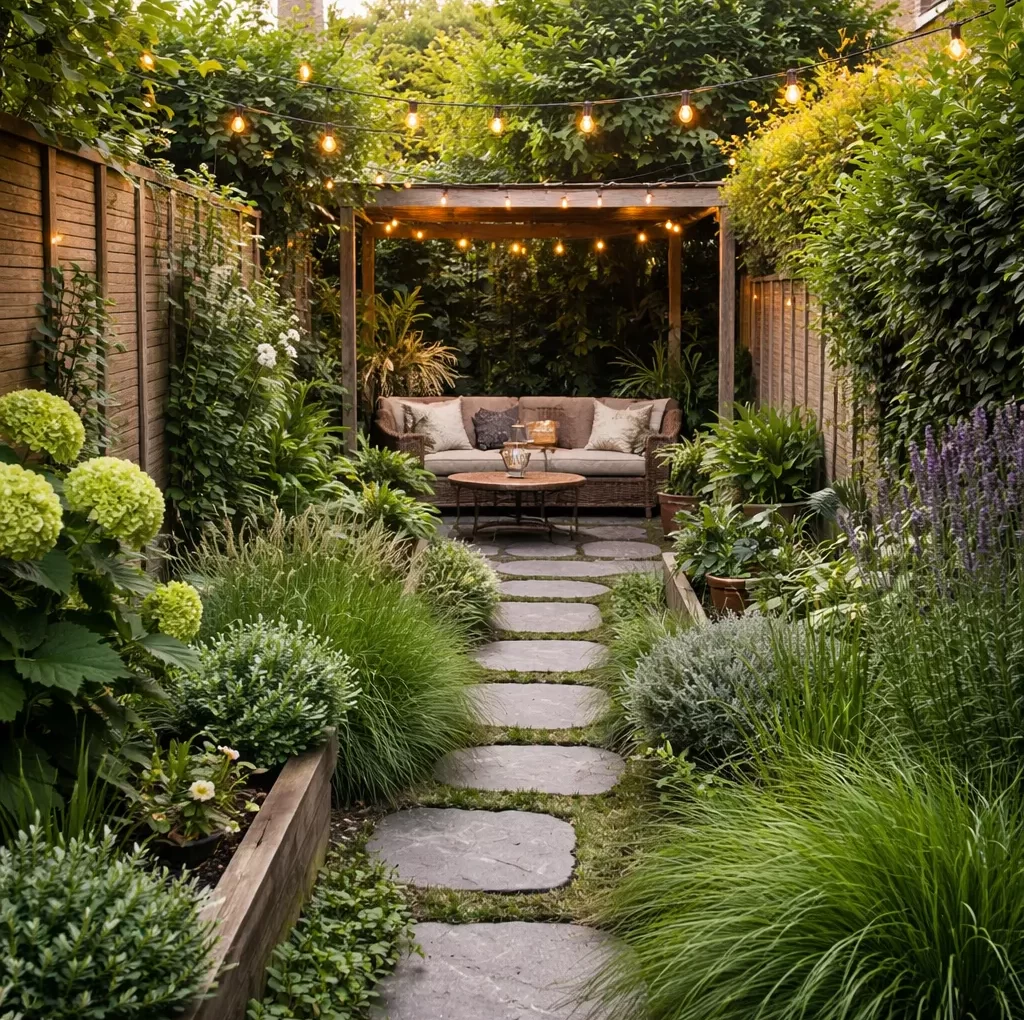 Smalle, sfeervolle tuin met veel groen, een stapstenen pad en een gezellige zithoek achterin.