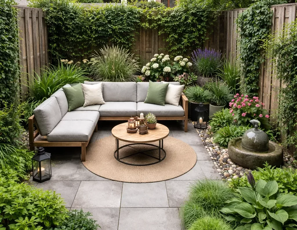 Moderne, gezellige stadstuin met loungehoek, groene borders en sfeervolle indeling.