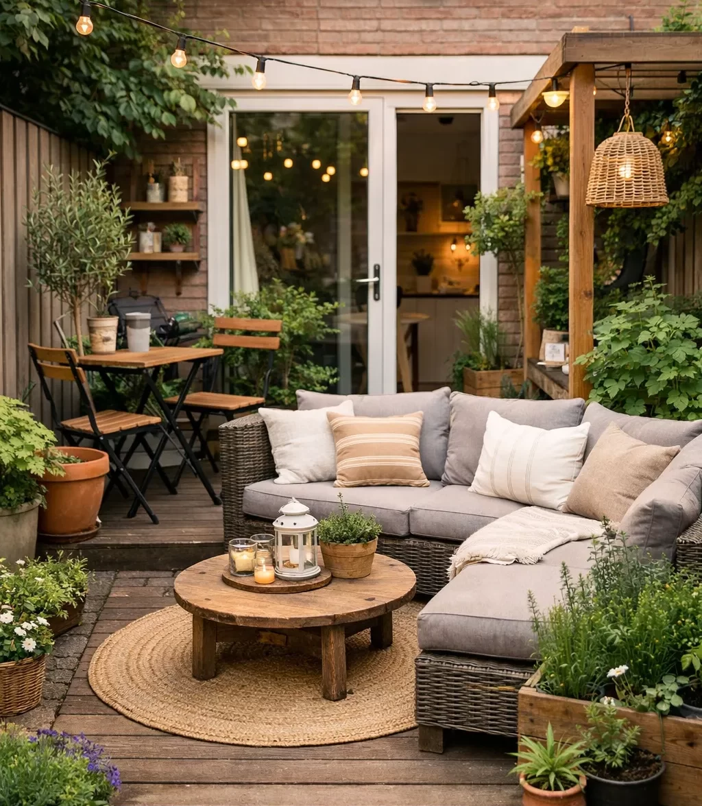 Compacte, sfeervolle tuin met een knusse zithoek en veel groen.