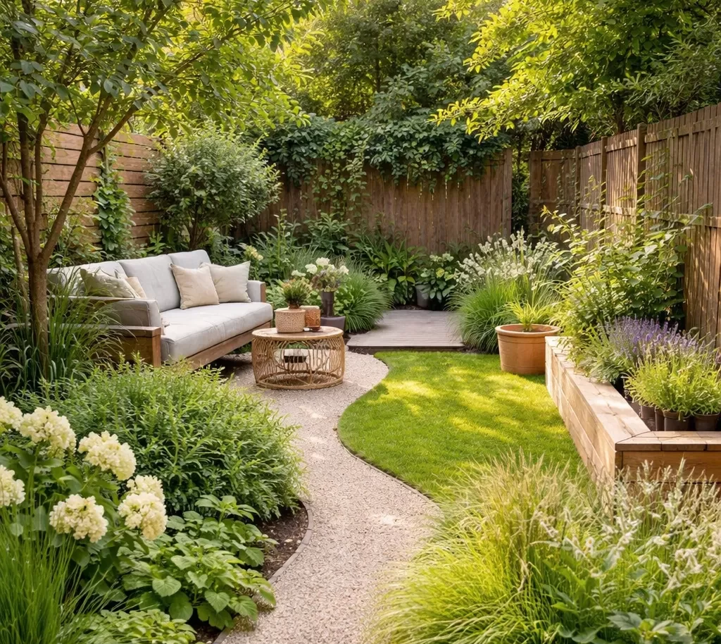 Groene, sfeervolle stadstuin met grindpad, gras en veel planten.