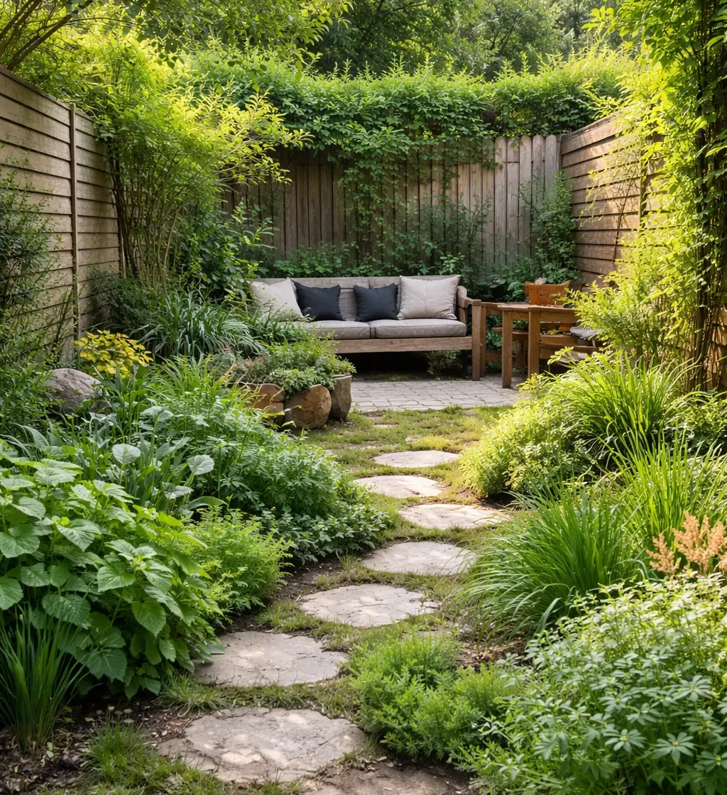 Kleine groene tuin met weinig tegels, natuurlijke materialen en veel beplanting.