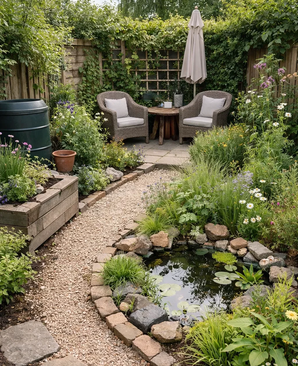 Groene stadstuin met inheemse planten, een klein vijvertje en waterdoorlatend grindpad.