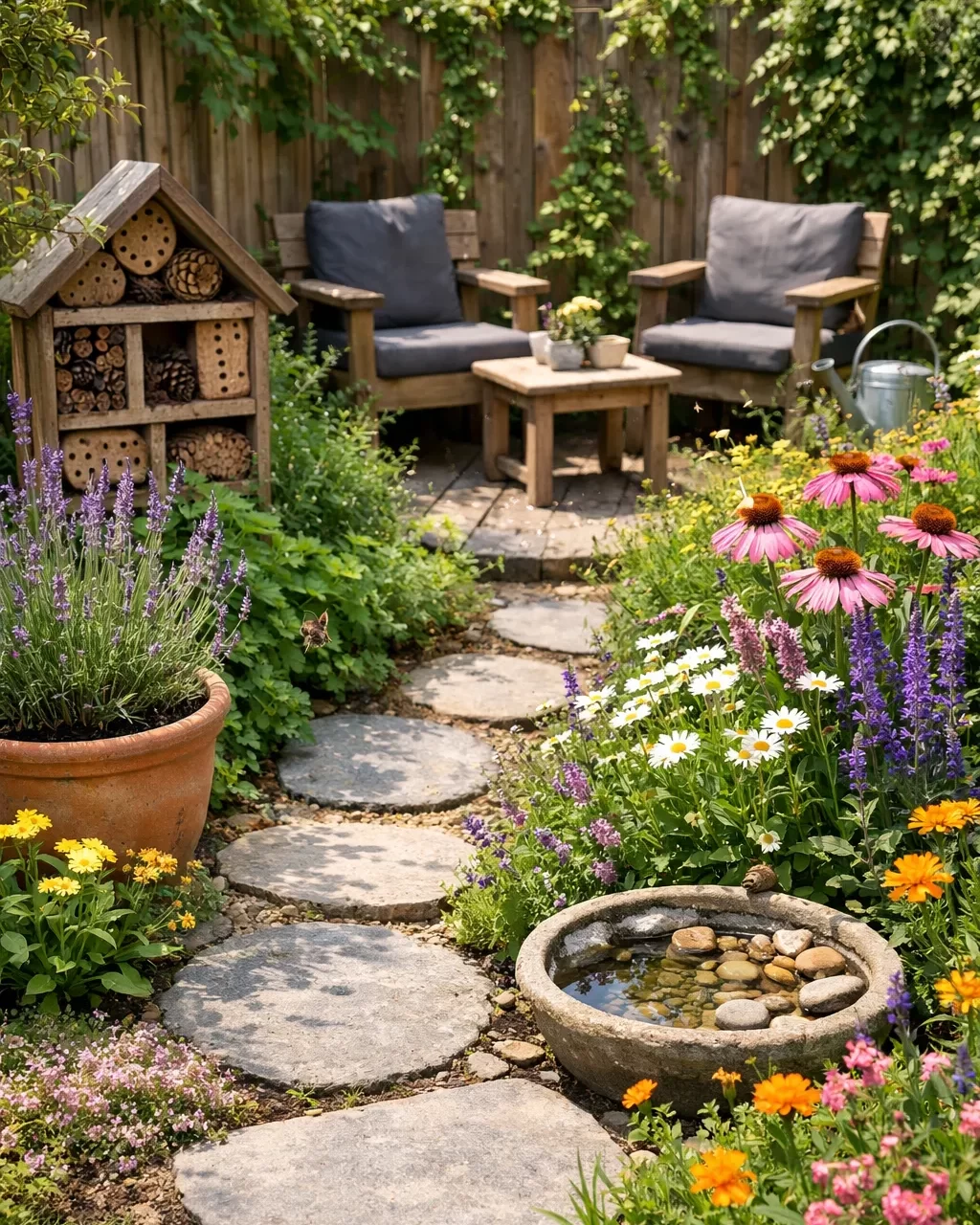 Compacte tuin met bloeiende planten, een insectenhotel, een ondiepe waterschaal en een gezellig zitplekje voor bijen en mensen.