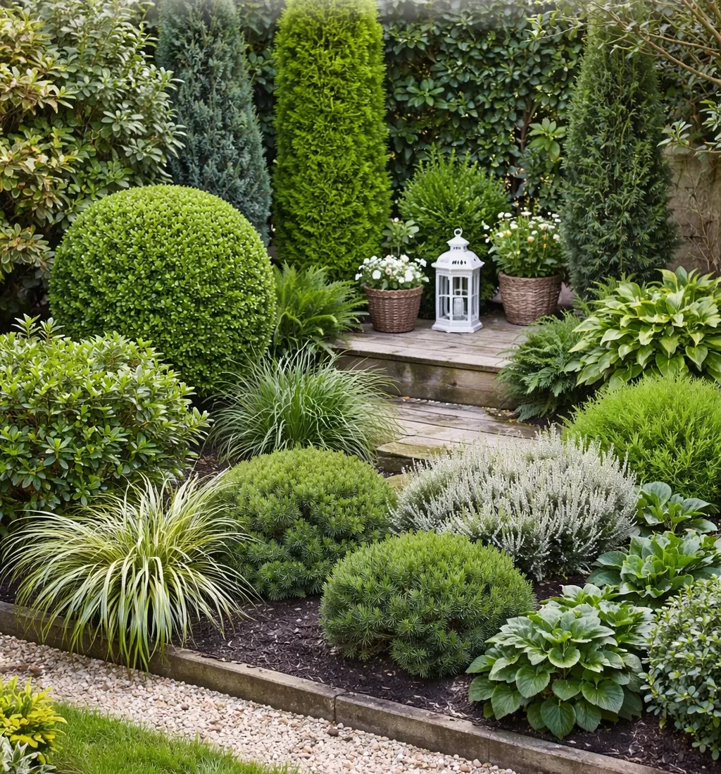 Compacte tuin met wintergroene planten die het hele jaar mooi blijven.