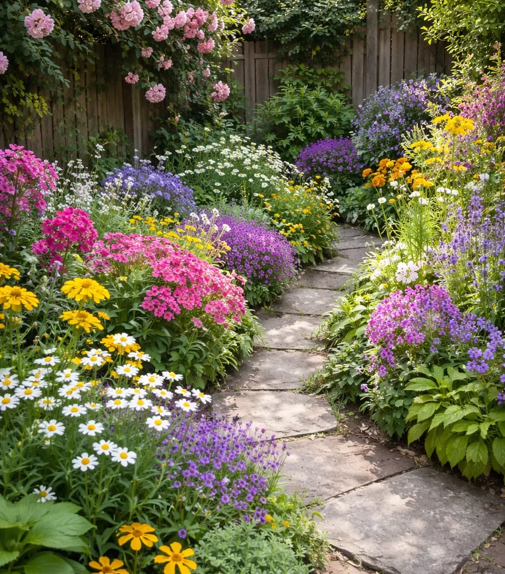 Een compacte tuin met kleurrijke bloeiende planten, een smal stenen pad en een natuurlijke, sfeervolle uitstraling.